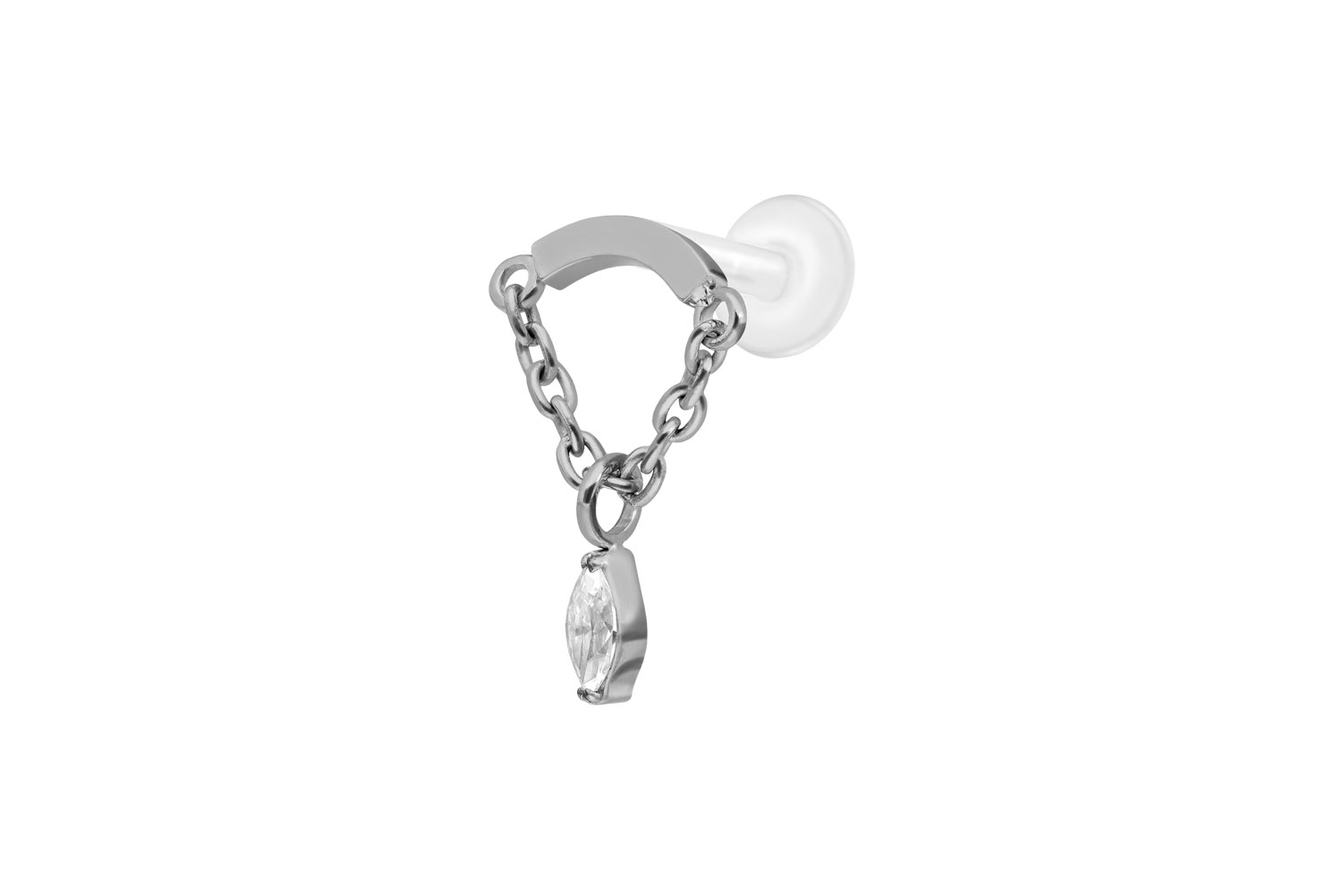 PTFE Labret Piercing mit Innengewinde + Titan-Aufsatz BOGEN + KETTE + KRISTALLTROPFEN